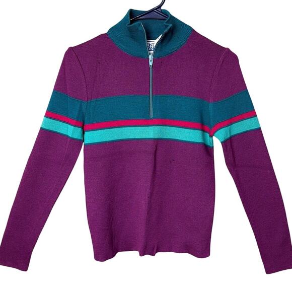 Vintage Mont Blanc Wool Ski Sweater Purple Teal Striped Snow Bunny (Flaws) - Picture 2 of 9